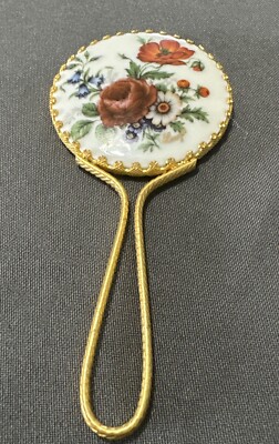 Vintage Gold Tone Glass Floral Stone Hand Mirror 5''