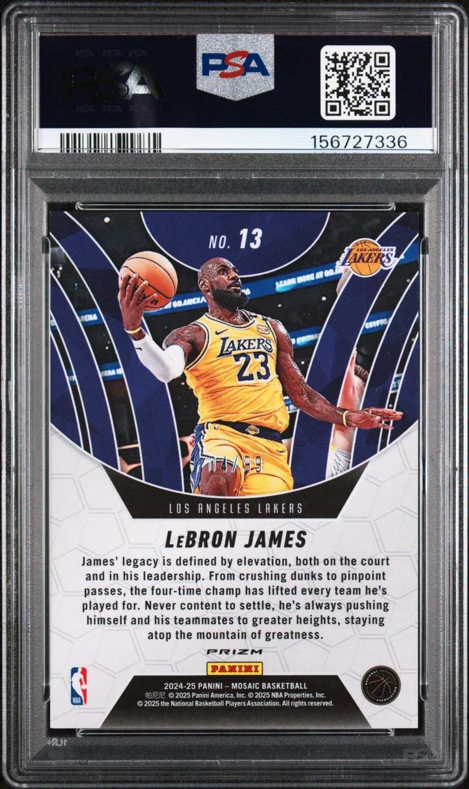 Lebron James 2024-25 Panini Mosaic Elevate Reactive Yellow #/99 Lakers PSA 10 view 3
