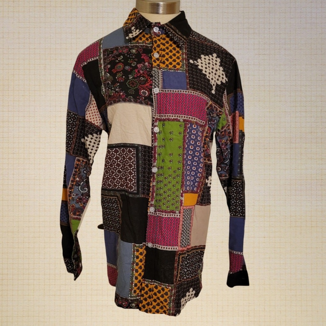 Boho Patchwork Cotton Linen Blend Button Down Blo… - image 1