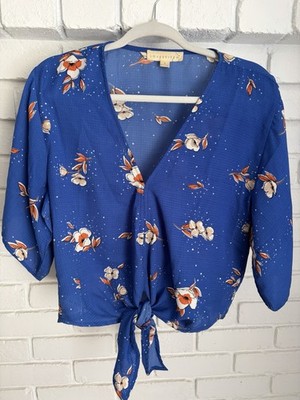 Lovestitch Blue Floral V-Neck Tie Front Woven Blouse 3/4 Sleeve Size S