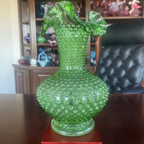 Spectacular Fenton 11” Ruffled Hobnail  Springtime Green-Big John Vase-Signed