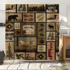 Rustic Lodge Shower Curtain, Cabin Retro Bear Moose Lodge Vintage Farmhouse Show