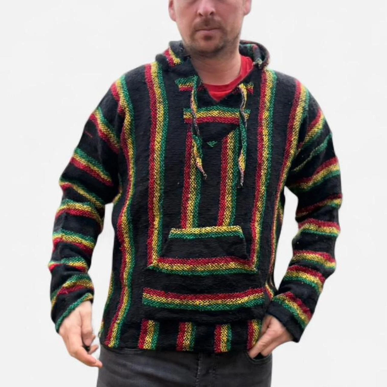 Striped Poncho Men's Size XL Pullover Chunky Knit Colour Hooded Festival Jumper