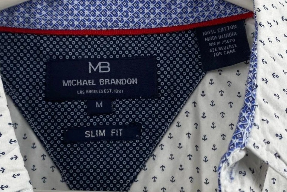 Camisa Michael Brandon Para Hombres Mediana Calce Ajustado Manga Corta Blanca y Azul Marino Anchor Pri Foto 3 de 4
