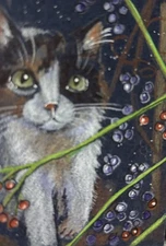 ACEO ORIG. ABIGAIL CALICO  CAT HALLOWEEN  AUTUMN FALL FELINES KITTENS BERRIES