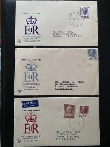 1957 Australia QEII Elizabeth set on 3 Wesley FDCs sent to UK