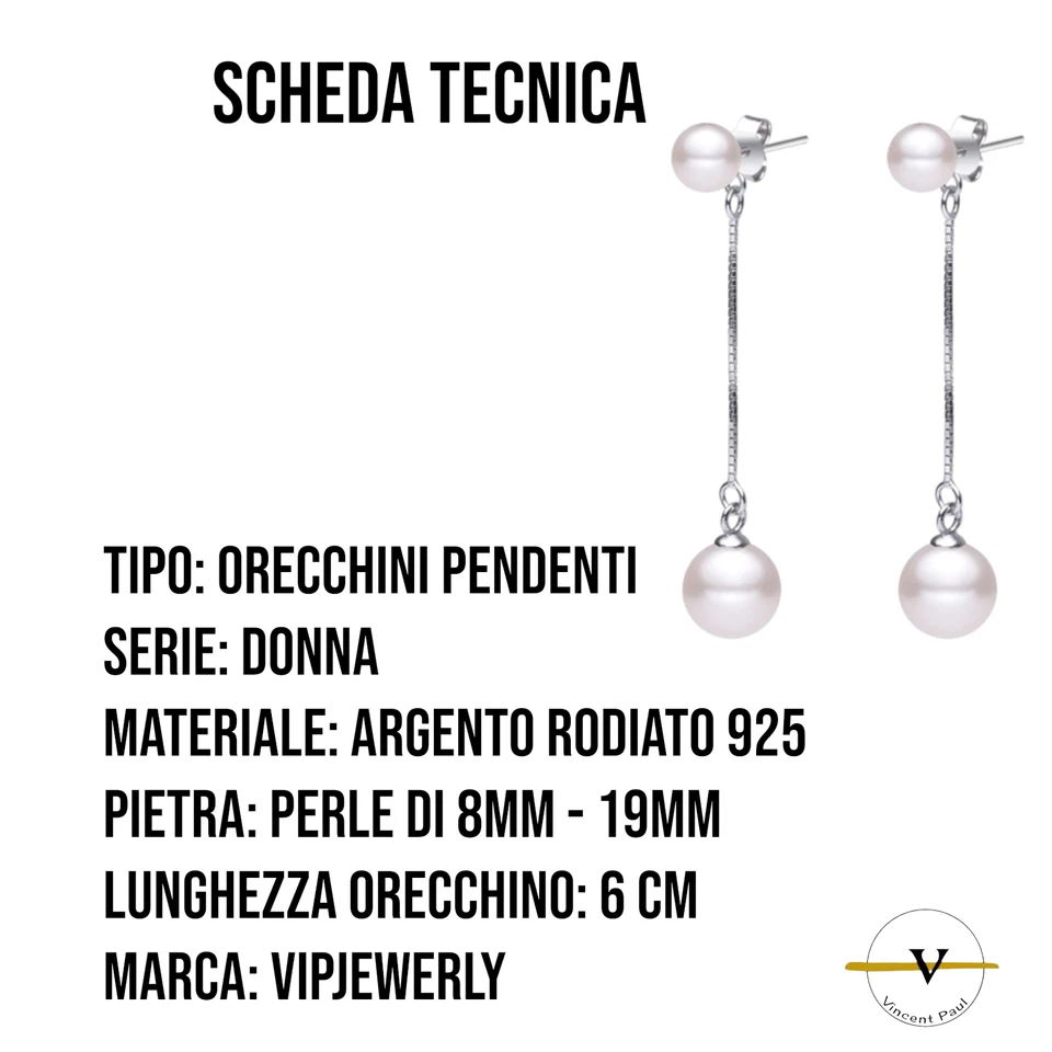 ORECCHINI DONNA ARGENTO 925 RODIATO PENDENTI CON DOPPIA PERLA BIANCA REGALO - Immagine 3 di 4