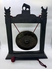 Vintage Asian Thai Indonesian Bronze 8" Kemong Gong on Hand Curved Wooden Stand