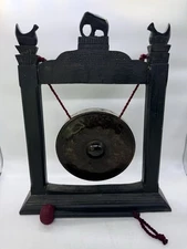 Vintage Asian Thai Indonesian Bronze 8" Kemong Gong on Hand Curved Wooden Stand