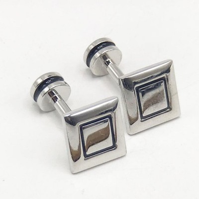 Mens Shiny Silver Square Design Tone Mid Century Design Cufflink Set