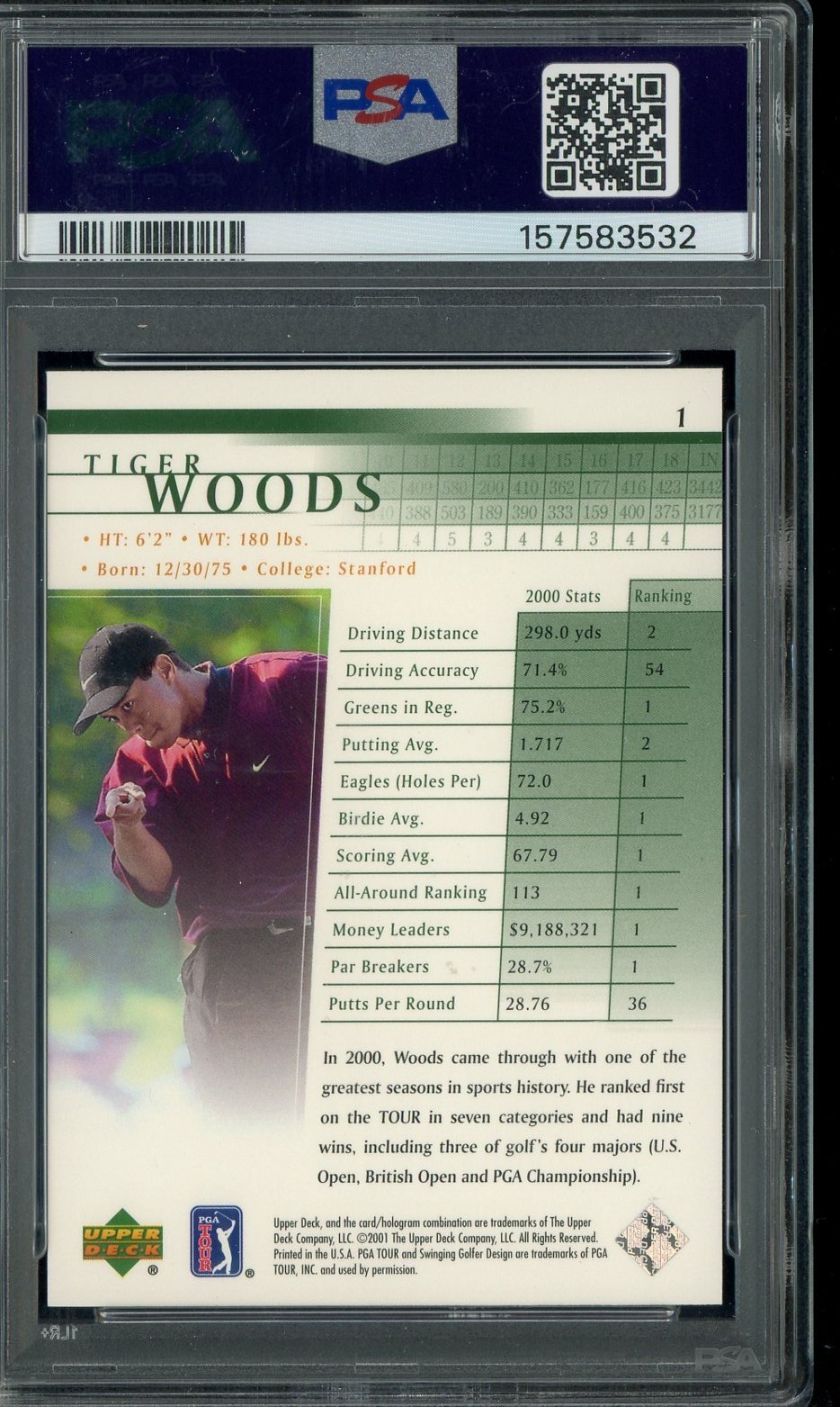 12001 Upper Deck Golf #1 Tiger Woods RC Rookie PSA 10 GEM MINT view 2