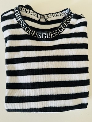 Guess Longsleeve Langarmshirt Schwarz Weiß Gestreift Logo Am Kragen Gr. 36 S