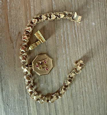 14K Yellow Gold Heart Link Charm Bracelet w/ Big Ben Dangle, Box Clasp 14 grams 
