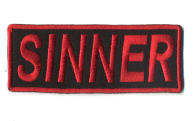sinner patch badge motorcycle biker vest rock and roll punk goth evil red