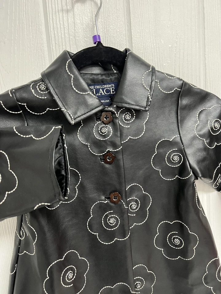 The Children's Place Toddler Girl's Black Floral Faux Leather Coat Size 3T/36M - Image 3 of 4