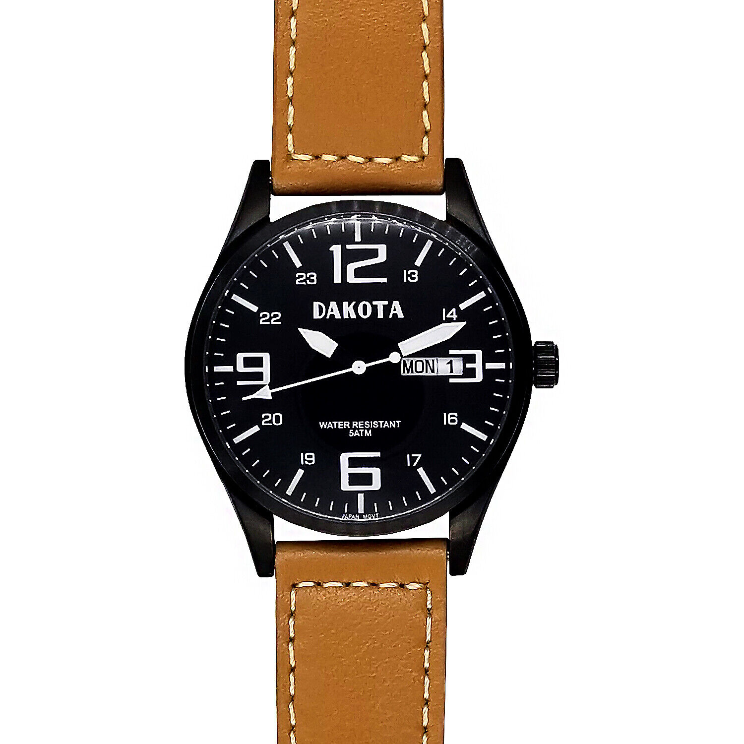 Dakota Men's Casual Angler Wrist Watch, Black Dial/Case, Tan Leather Band, 40370