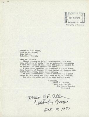 James Allen Letter J.R. ALLEN signed 1970 letter | Mayor of Columbus, Georgia - autograph ...