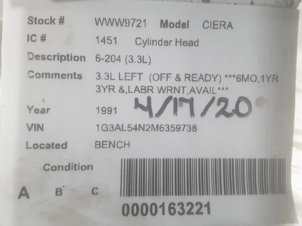 Used Engine Cylinder Head fits: 1991 Oldsmobile Ciera 6-231 3.8 Grade A - Изображение 4 из 4