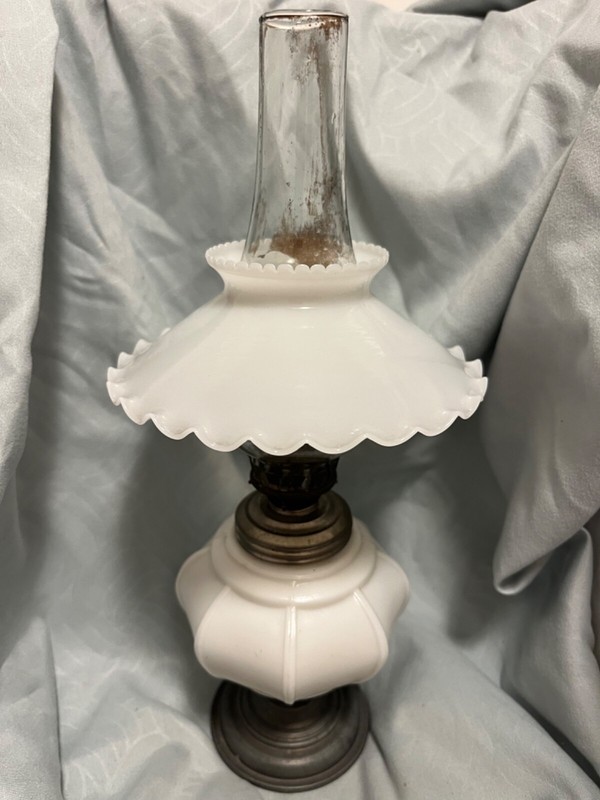 Milk glass miniature oil lamp with chimney and shade