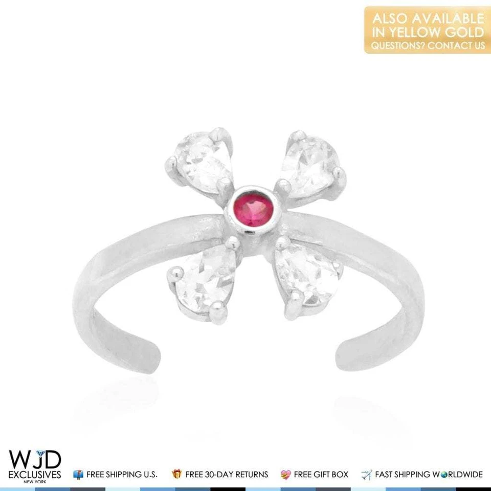 14K Yellow Gold White Prong Pear Simulated White Diamond Ruby Toe Ring - Image 4 of 4