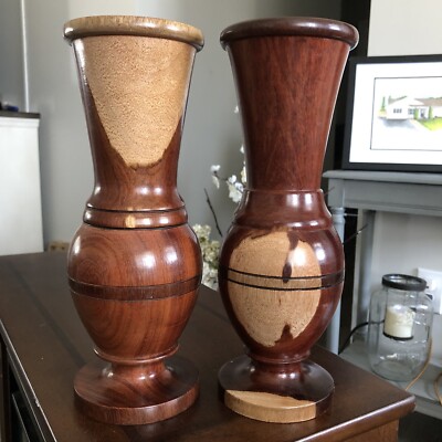 Honduras Signed Rooton Vases Handcrafted 10.5  Blended Stain Solid Wood Pair