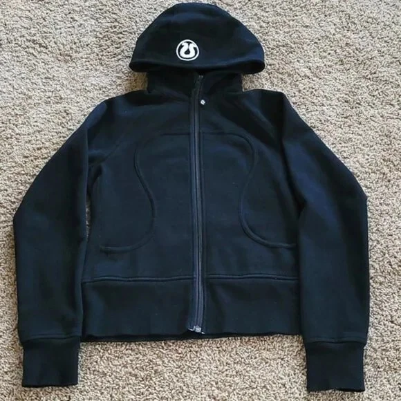 Lululemon Black Scuba Hoodie w/ white logo, printed on Back Size 6