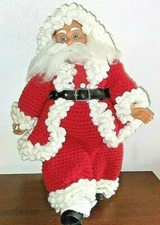 Vtg Crochet Santa Claus Handmade Hard Plastic Face Hands Boot Metal Stand 16"