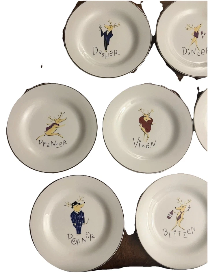 Pottery Barn Reindeer Plates 10 Dessert Salad 8 Coasters Silver Rim Japan 18 Pc - Image 4 of 4