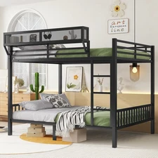 Queen Over Queen Metal Bunk Bed with Ladder and Storage Shelf for Adults Teens