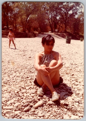 #ad Vtg Color Snapshot Woman In Sunglasses amp; Halter Top On Rocky Beach 1970s $7.99