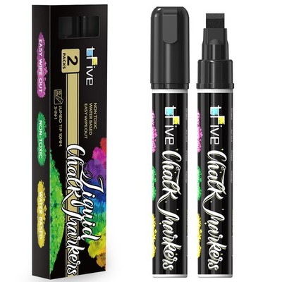 TFIVE 2 Pack Jumbo Black Chalk Markers 10mm 3 in 1 Nib Dry Wet Erase Pens