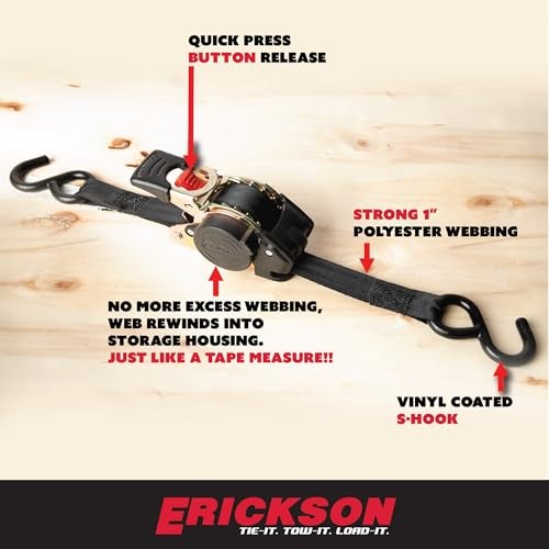 Erickson 34413 Pro Series Black 1" x 6' Retractable Ratcheting Tie-Down Strap,
