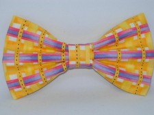 Sunshine Plaid Bow tie, Yellow Weave  Purple Bars, Summer Fun, Pre-tied Bow tie