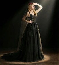 Black Lace Wedding Dress Bridal Gown 32-60 Floral Illusion Corset Backless