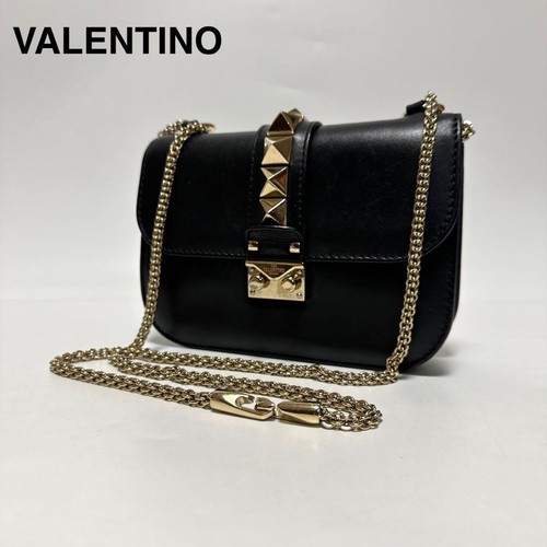 Valentino Garavani Rockstud Black Leather Gold Chain Shoulder Bag Auth from JP