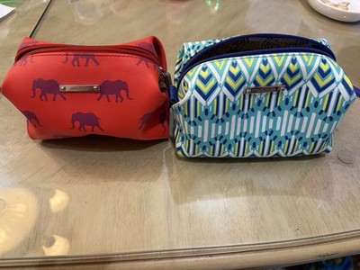 EUC Stella&Dot Elephant/Tribal Print Zippered Makeup Bag Cosmetic Pouf Set of 2