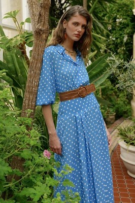 New Rixo Izzy Pleated Polka Dot Blue Shirt dress Sz L
