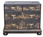 Baker Chinoiserie Black Lacquered Chest of Drawers w Hand Painted Gilt Designs