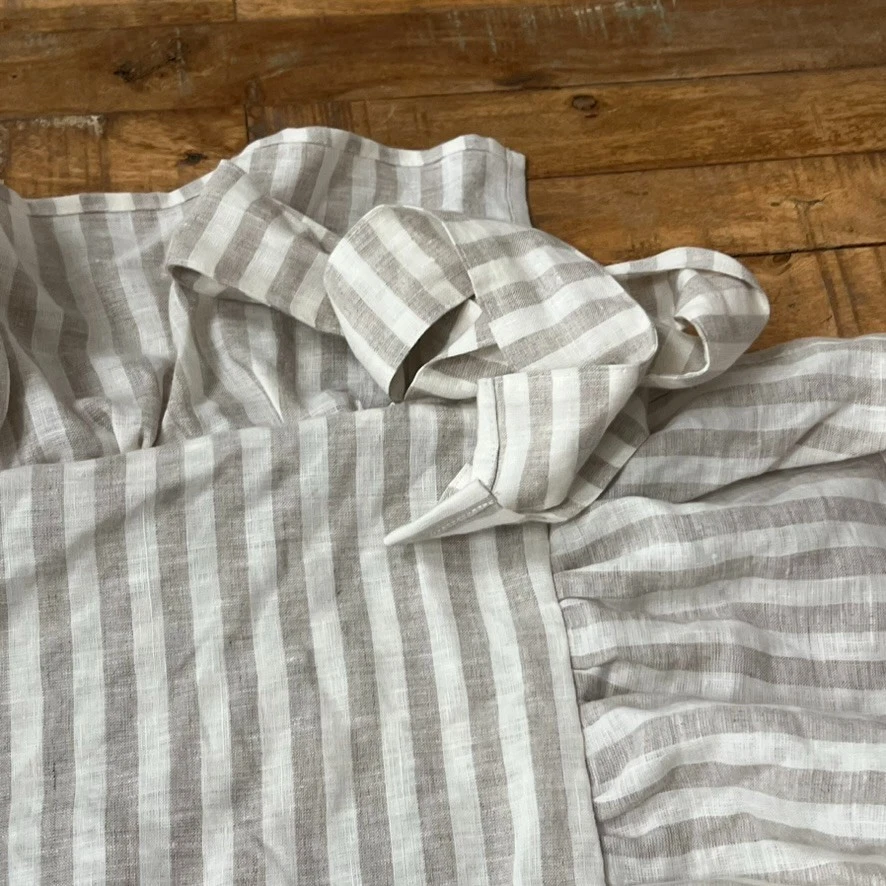 The White Linen Farmhouse Chair Cover Ruffled Striped White & Tan French Linen - Image 4 of 4