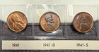 AU/UNC 1941 P-D-S Lincoln Wheat Cent Year Set