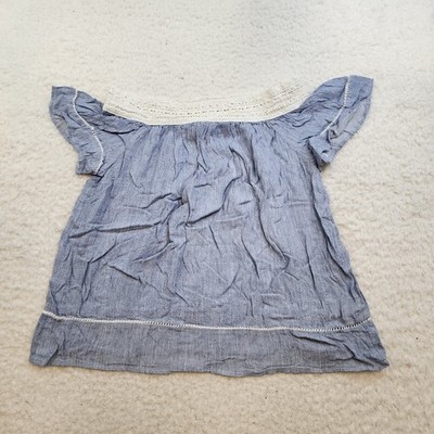 Westbound Off the Shoulders Flutter Short Slv M Petite Blue Lace Crochet Linen