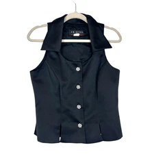 Vintage Nites 90s Vest Blouse 10 Black Sleeveless Rhinestone Buttons Top Collar