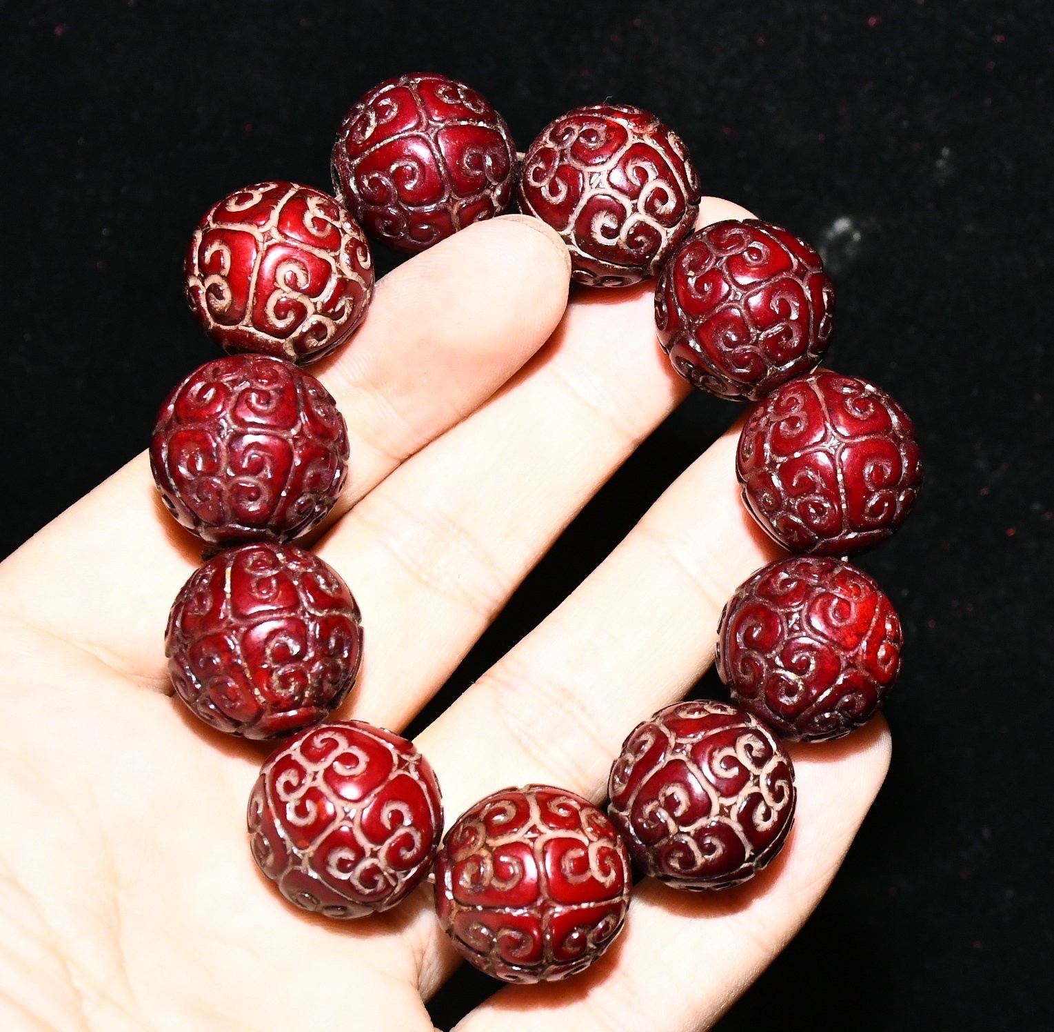 4.3''China Dynasty Old Jade Beast Pattern Round Bead Elasticity Bunch Bracelets