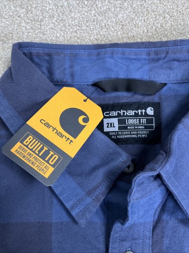 Camicia uomo Carhartt 2XL flanella vestibilità ampia pesante a quadri blu navy nuova con etichette abbigliamento da lavoro - Foto 2 di 7