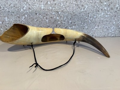 Large 13-  Cow Bull Blow Horn w  Strap Vintage Carved.  Key hook 
