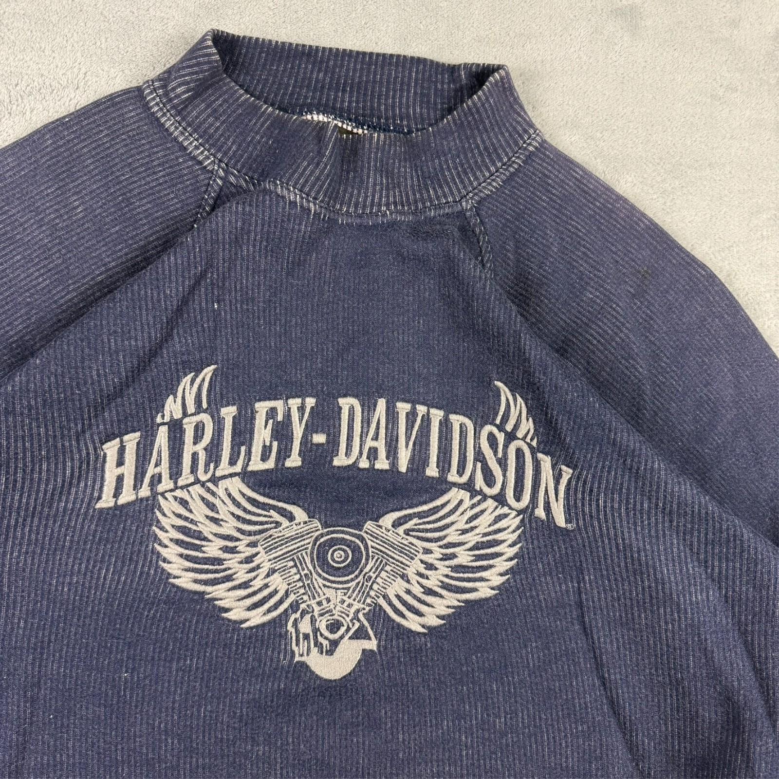 VTG Harley Davidson 2000's Navy Winged Engine Ribbed Oversized Small Sweatshirt image 4