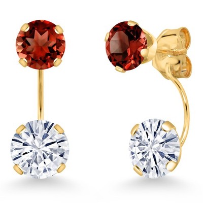 14K Yellow Gold White Moissanite and Garnet Stud Earrings for Women | 2.70 Cttw