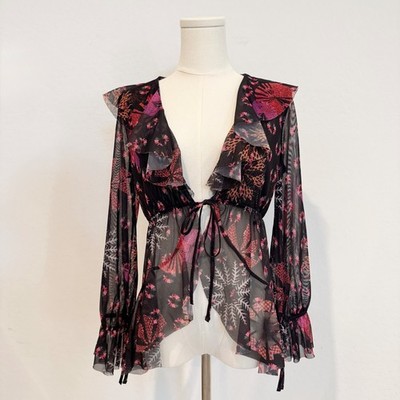Desigual Pink Lua Ruffled Tulle Tie Front Blouse Mesh Top Artsy Bohemian Medium