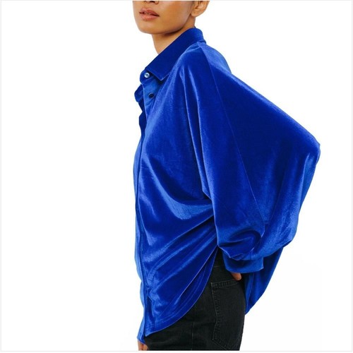 Ciebon Amira Oversized Button Down Velvet Velour Royal Flue Blue Blouse Medium - Picture 3 of 12