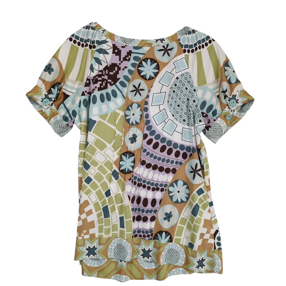 Blusa Top ECI NY Para Mujer 10 Estampado Caprichoso Satinado, Manga Abullonada Peplum Seda Y2K Foto 3 de 4